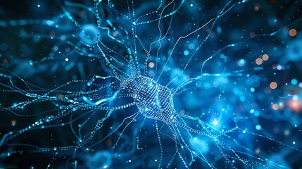 Poster - A digitally rendered image of a glowing, abstract neuron or nerve cell.