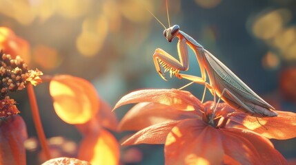 The praying mantis is delicately posed on a flower petal