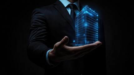 Poster - Business professional showcasing futuristic holographic building in dark setting during innovative technology presentation