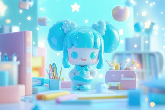 Adorable 3D rendered anime girl with blue hair surrounded by pastel stationery in a whimsical setting.