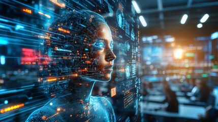 Poster - Futuristic human-like AI animation showcasing advanced technology in a busy digital workspace