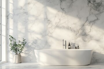 Poster - Modern bathroom design featuring a minimalist freestanding tub and elegant marble walls in a bright, airy space