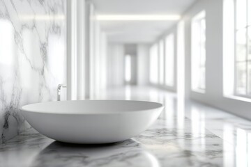 Poster - Elegant white wash basin in a modern marble bathroom with natural light streaming through large windows