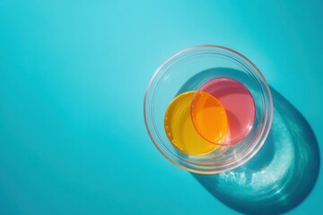 Poster - Colorful gelatin cups resting on a bright blue surface under warm lighting during a summer gathering