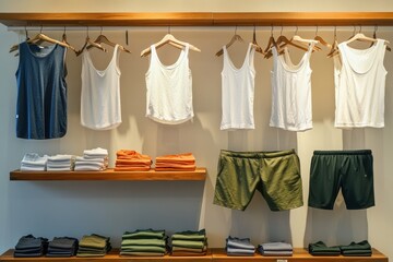 Poster - Display of various tank tops and shorts in a modern retail store during daytime