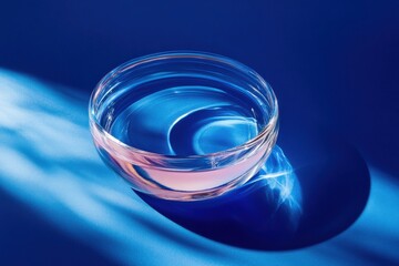 Poster - Clear glass bowl filled with water reflecting light on blue backdrop during daylight