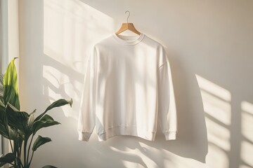 Poster - Simple white sweatshirt hanging on a wooden hanger against a softly lit wall with shadows from a nearby plant