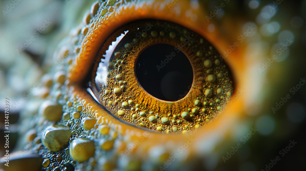 The image shows a close up of an octopus's eye with water droplets ...