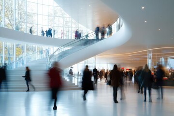 Poster - Busy urban atrium featuring diverse people walking through a modern architectural space during daylight