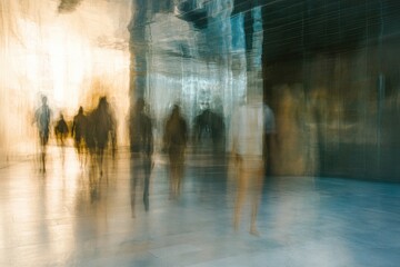 Poster - People walking through a modern urban space with soft lighting and reflections during the evening