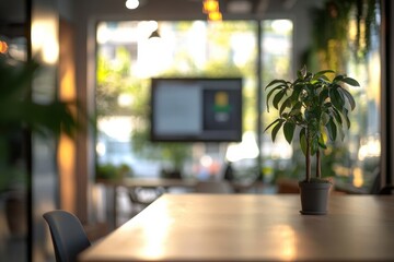 Poster - Indoor workspace featuring a small plant on a table with blurred background of modern office setting