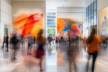 Poster - Visitors explore a vibrant art exhibit in a modern urban gallery during a busy afternoon