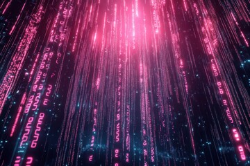 Digital technology backdrop for presentation with illuminated pink code rain, abstract cyber space for banner, data stream technology background for landing page