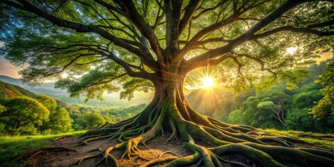 Wall Mural - Dramatic sunlit tree roots silhouette against a dark forest floor, captured by a drone's high-angle shot.