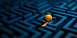 © MiniRiz - Navigational Journey Through a Complex Blue Maze Featuring a Single Yellow Ball at the Exit Point with an Orange Pathway Highlighting Strategic Decision Making