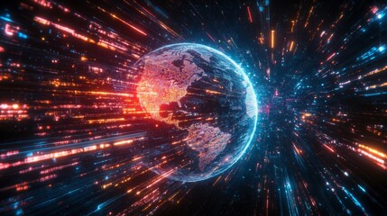 Fototapete - Dynamic visualization of Earth surrounded by vibrant data streams in 4K resolution