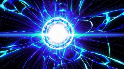 Poster - Powerful energy sphere radiating light and electric beams on a black background creating a stunning visual effect, ideal for projects related to energy, power, and futuristic concepts