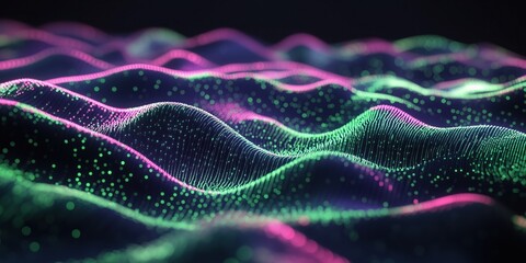 Fototapete - Abstract colorful particle waves flowing on dark background