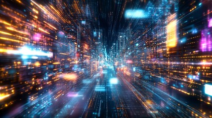 Fototapete - Dynamic 4K animation of futuristic city lights and a vivid virtual landscape