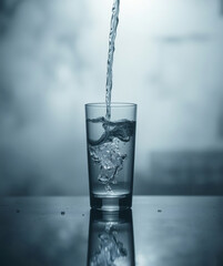 Aufkleber - water pouring into a transparent glass, with visible water droplets, creating a refreshing and clean scene. The image highlights the purity and clarity of water.