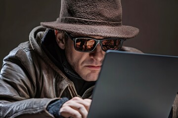 Poster - Hacker breaking password, doing cyber crime using laptop