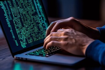 Leinwandbilder - Programmer writing code on laptop keyboard in dark room