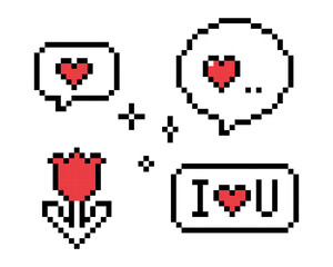 Poster - 8-bit game arcade cute love elements. Speech bubble love messages in pixel art. I love you sticker. Romantic emoji. Love phrases. Y2k dialogue balloon vector icons set. Game abstract elements