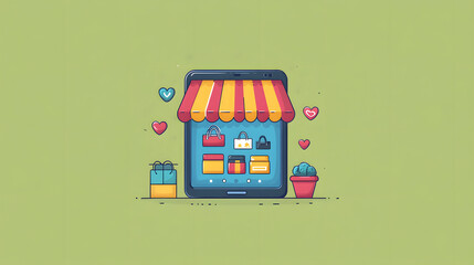 Mobile device showing an app sale banner, flat vector style, creative e-commerce concept