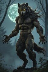 Wall Mural - ai-generated powerful werewolf stands under a full moon in a dark forest