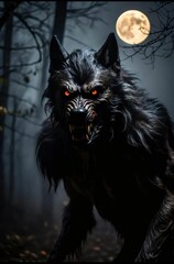 Wall Mural - ai-generated menacing werewolf with glowing red eyes stands under a full moon