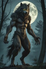 Wall Mural - ai-generated werewolf with glowing eyes stands in a forest under a full moon
