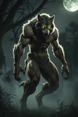 Wall Mural - ai-generated menacing werewolf with glowing eyes stands under a full moon in a misty forest