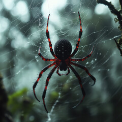 Close-up of a black and red spider in the center of a web with a blurred forest background.