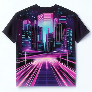 t shirt mockup in of Abstract Neon Cityscape with Vibrant Purple and Pink Lights