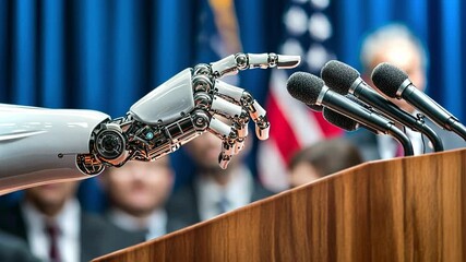 Poster - Robot hand gestures at microphones during an AI technology press conference