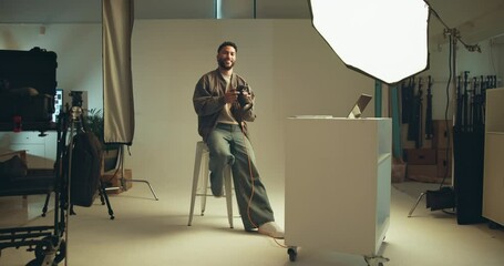Poster - Smile, man and photographer with face on camera for photoshoot results, editing and catalog. Photography, digital and retouch process in backstage to review picture, production and magazine industry