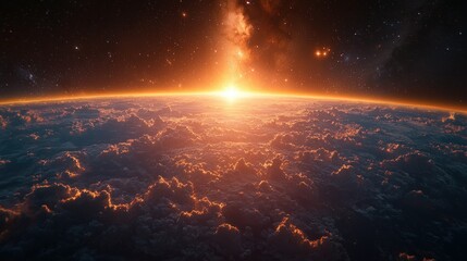 Wall Mural - Sunrise over Earth from Space, Cosmic Clouds
