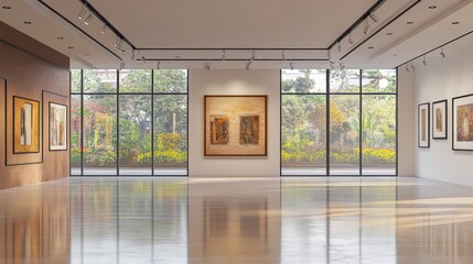 Poster - Modern Art Gallery Interior with Large Windows and Scenic Outdoor Views, Bright and Spacious Atmosphere