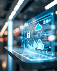 Poster - a futuristic laptop screen showing a cyber security concept, with digital lock and cloud data storage