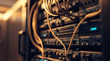 Aufkleber - server rack with numerous cables and connections. Close up shot showing detail and complexity