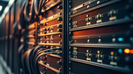 Poster - close up of a server room with cables and technology rack