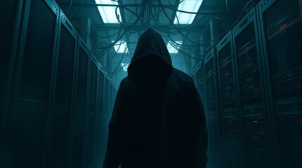 Poster - a hooded figure in a server room, suggesting cybercrime and data security threats