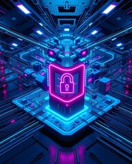 Poster - an illuminated cybersecurity shield, symbolizing protection and security, set against a neon-lit digital circuit board