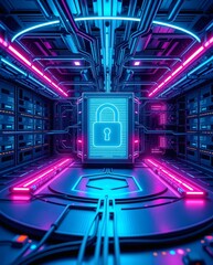 Poster - data protection and security concept with a digital lock illuminated in a server room