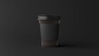 © Katerina - Disposable coffee cup with black lid and dark sleeve on solid black background minimalist modern design close-up