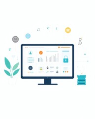 Poster - a modern computer screen displaying a user interface with various icons and data visualizations