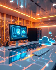 Poster - a modern workspace with a computer and cloud computing elements, highlighting technology and data security 