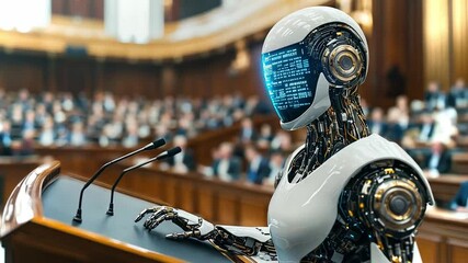 Poster - Robot delivers speech to an audience in a futuristic assembly hall with advanced technology
