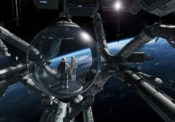 Poster - A futuristic space station orbiting Earth, with astronauts inside a glass dome.