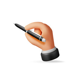 Poster - 3D detailed classic ballpoint pen in hand isolated on white. Render black pen with button. Office and school equipment, stationery. Vector illustration
